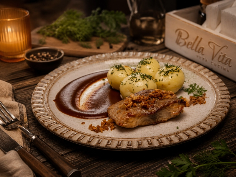 Сом з молодою картоплею та соусом деміглас / Catfish with new potatoes and demi-glace sauce
